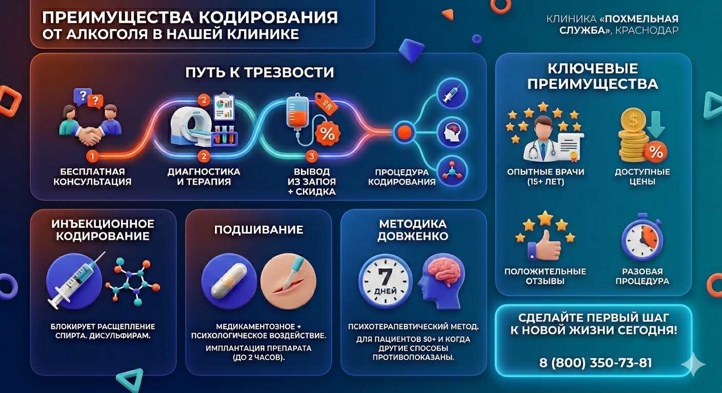 Инфографика о методах кодирования от алкоголя в Майкопе: инъекции, подшивание, метод Довженко. Преимущества клиники и этапы лечения.