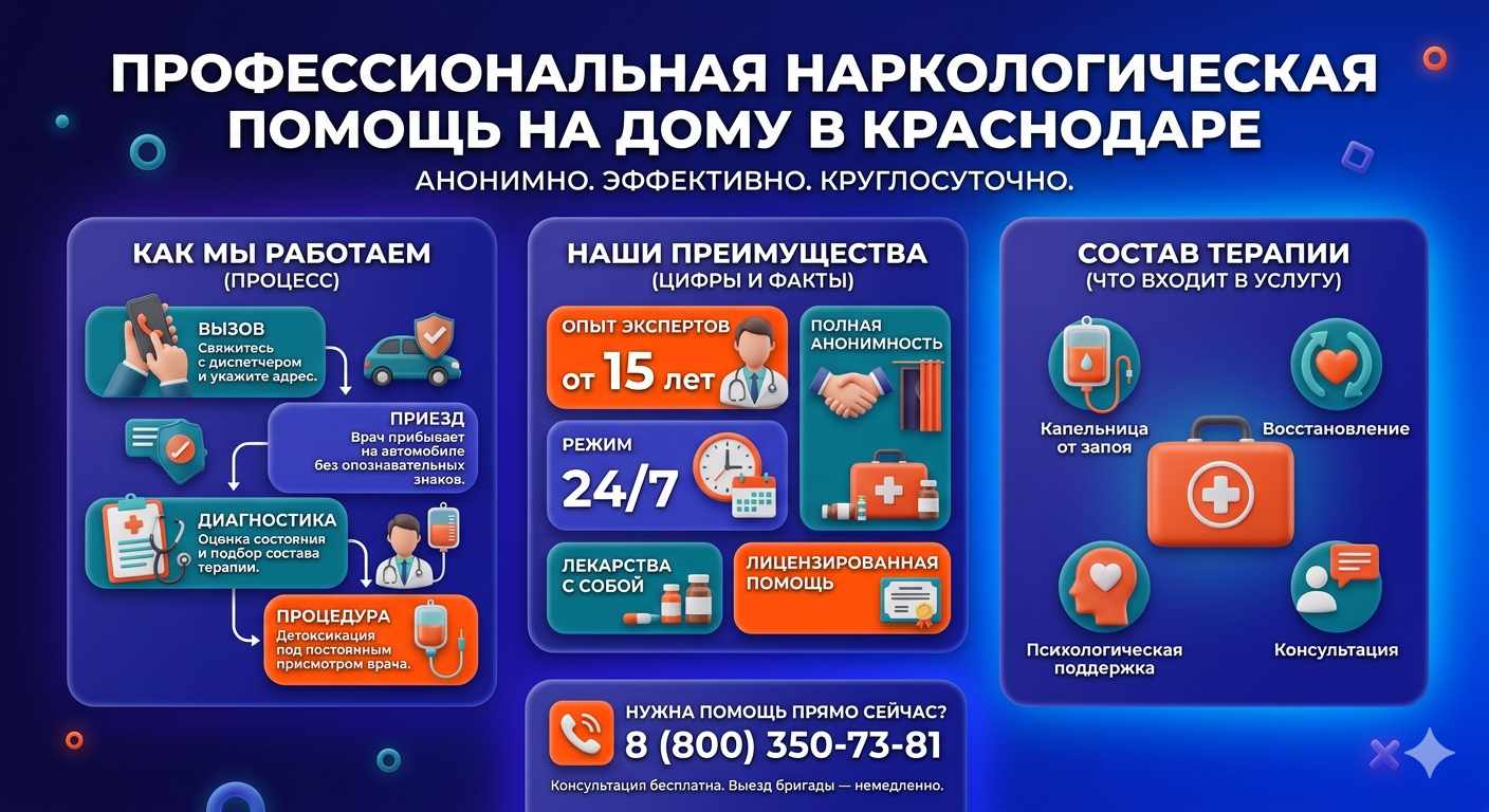 Инфографика о принципах лечения алкоголизма на дому в Майкопе: этапы вызова нарколога, преимущества анонимной детоксикации и состав медицинской помощи.